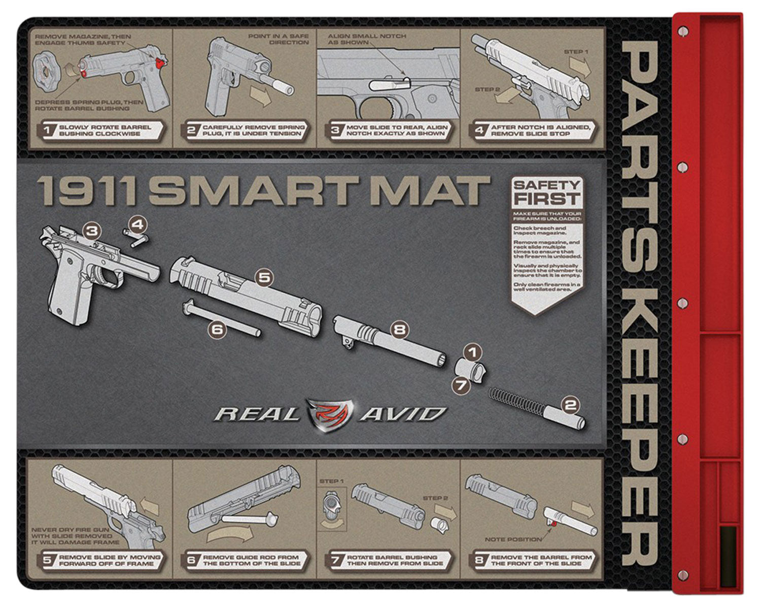 Real Avid AV1911SM 1911 Smart Mat Oil-Resistant Black/Red 19" x 16" with Diagram