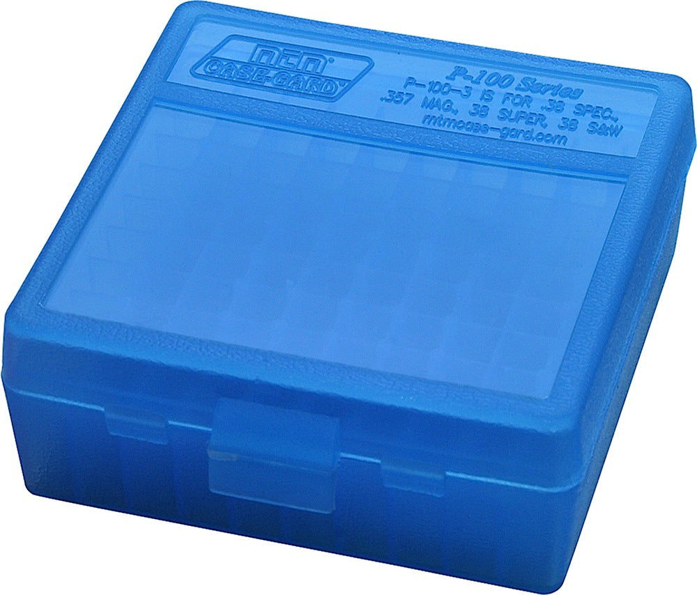 MTM Case-Gard P100324 P-100 Flip-Top Multi-Caliber Handgun Ammo Box Clear Blue 100rd