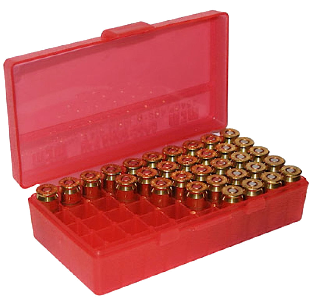 MTM Case-Gard P503829 P-50 Flip-Top 50-Round Multi-Caliber Handgun Ammo Box Clear Red Polypropylene