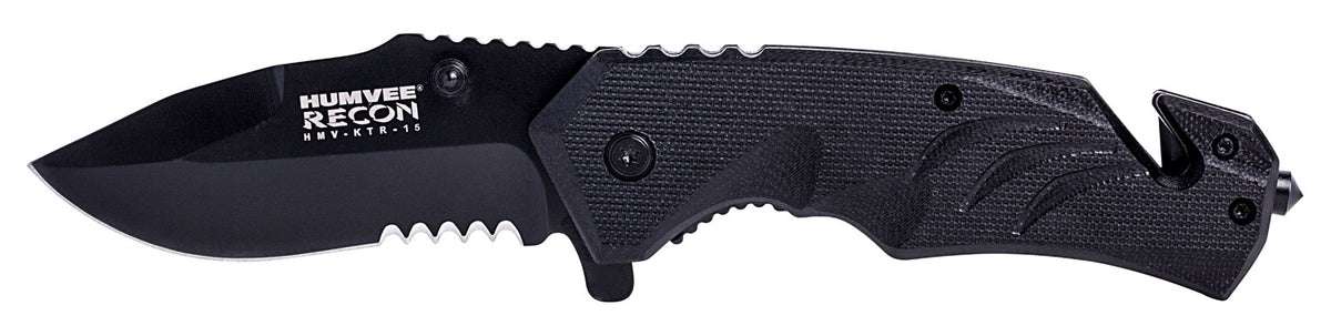 Humvee Adventure Gear HMVKTR15 Tactical Recon 3" Folding Drop Point Part Serrated Black SS Blade Black Textured Handle Glass Breaker Seat Belt Cutter Pocket Clip