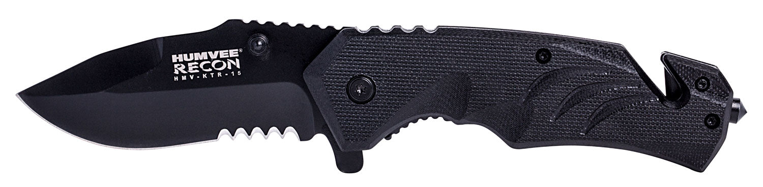 Humvee Adventure Gear HMVKTR15 Tactical Recon 3" Folding Drop Point Part Serrated Black SS Blade Black Textured Handle Glass Breaker Seat Belt Cutter Pocket Clip