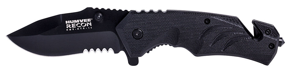 Humvee Adventure Gear HMVKTR15 Tactical Recon 3" Folding Drop Point Part Serrated Black SS Blade Black Textured Handle Glass Breaker Seat Belt Cutter Pocket Clip