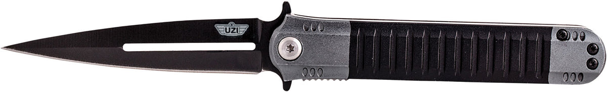 Uzi Accessories UZKFDR009 Covert 3.50" Spring-Assist Folding Spear Point Black Stainless Steel Blade, Black/Gray Aluminum Handle with Clip
