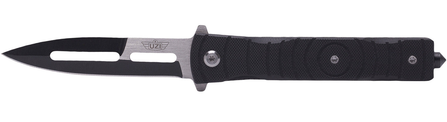 Uzi Accessories UZKFDR014 Mossad III 3.50" Spring-Assist Folding Spear Point Black/Silver Stainless Steel Blade, G10 Handle with Glass Breaker