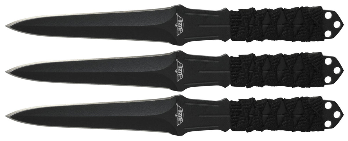 Uzi Accessories UZKTRW003 Throwing Knives III 3" Fixed Straight Back Plain Black Stainless Steel, Nylon Cord Wrapped Handle, Set of 3