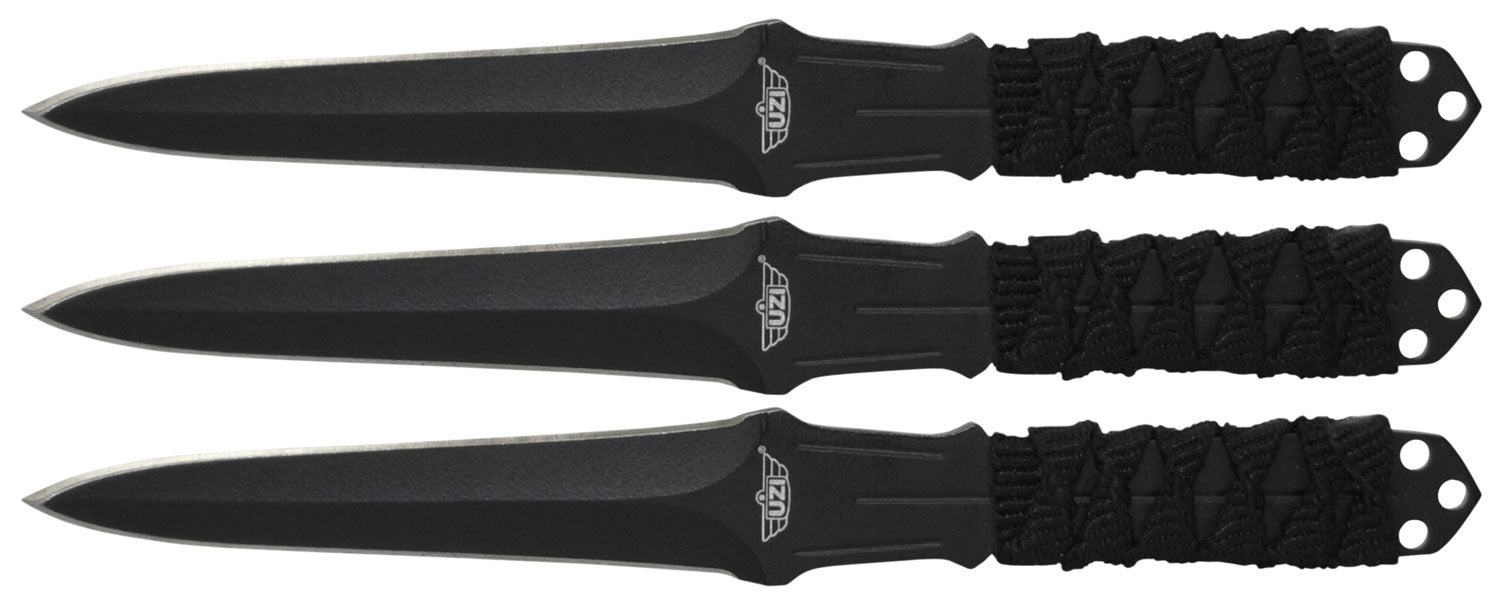 Uzi Accessories UZKTRW003 Throwing Knives III 3" Fixed Straight Back Plain Black Stainless Steel, Nylon Cord Wrapped Handle, Set of 3