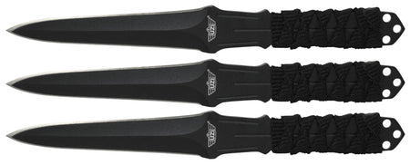 Uzi Accessories UZKTRW003 Throwing Knives III 3" Fixed Straight Back Plain Black Stainless Steel, Nylon Cord Wrapped Handle, Set of 3