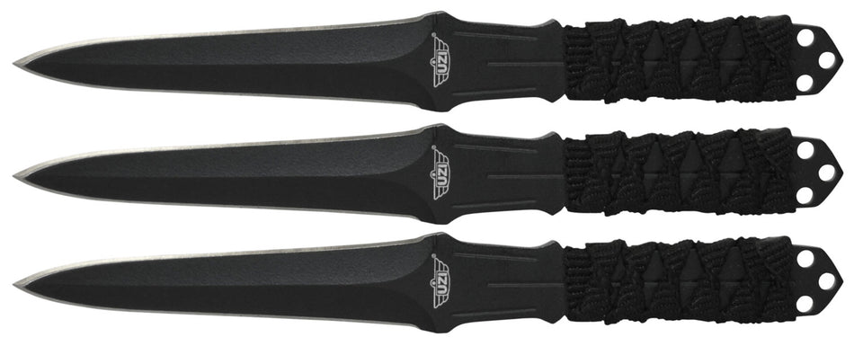 Uzi Accessories UZKTRW003 Throwing Knives III 3" Fixed Straight Back Plain Black Stainless Steel, Nylon Cord Wrapped Handle, Set of 3