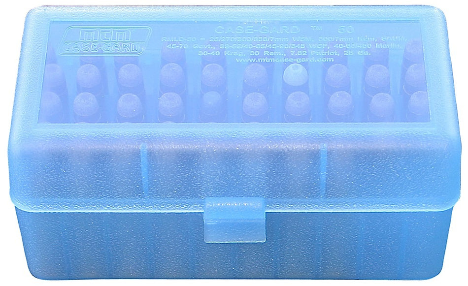 MTM Case-Gard RSLD5024 Flip-Top Ammo Box 50rd Multi Caliber Clear Blue Polypropylene
