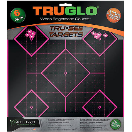 TruGlo Tru-See 5-Diamond Target Self-Adhesive Heavy Paper Black/Pink 12"x12" 6 Pack (TG14P6)