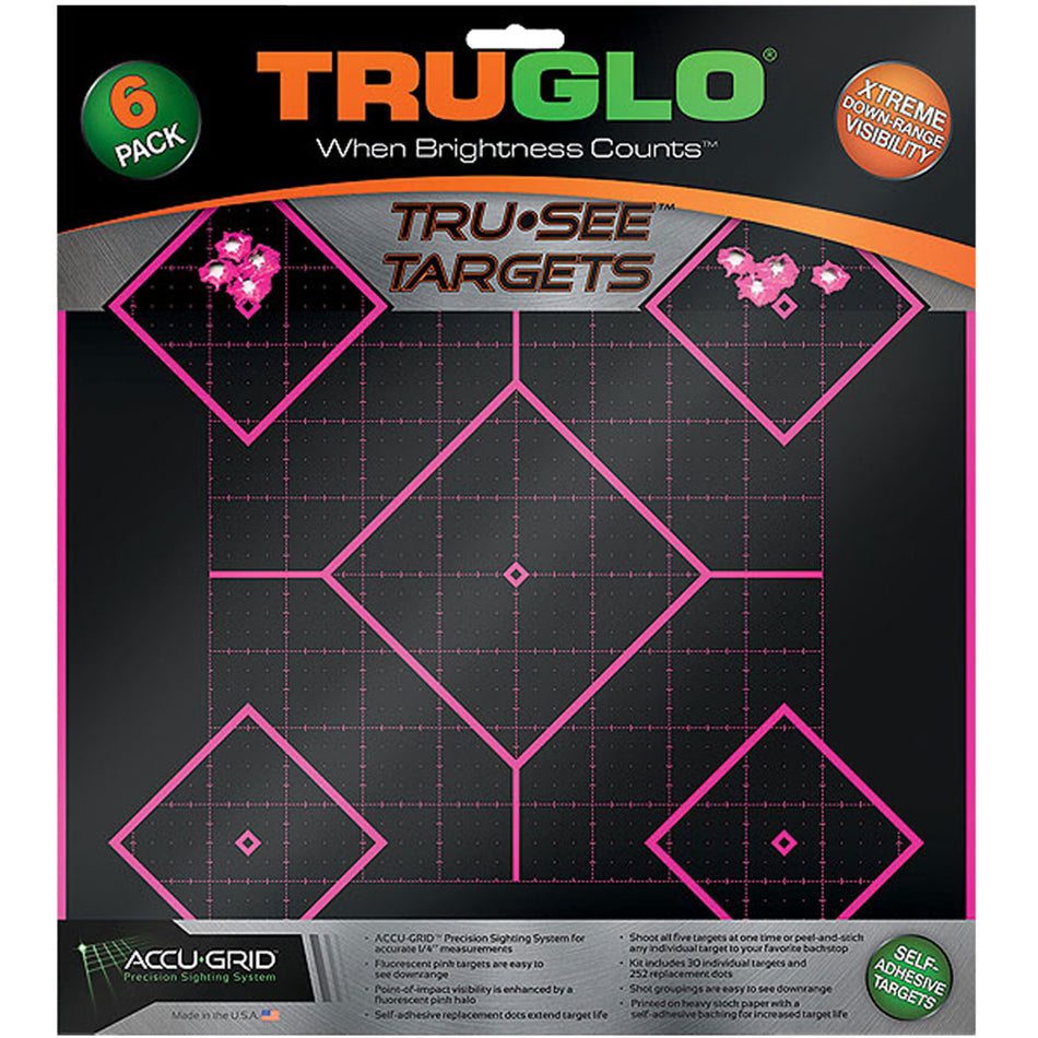 TruGlo Tru-See 5-Diamond Target Self-Adhesive Heavy Paper Black/Pink 12"x12" 6 Pack (TG14P6)
