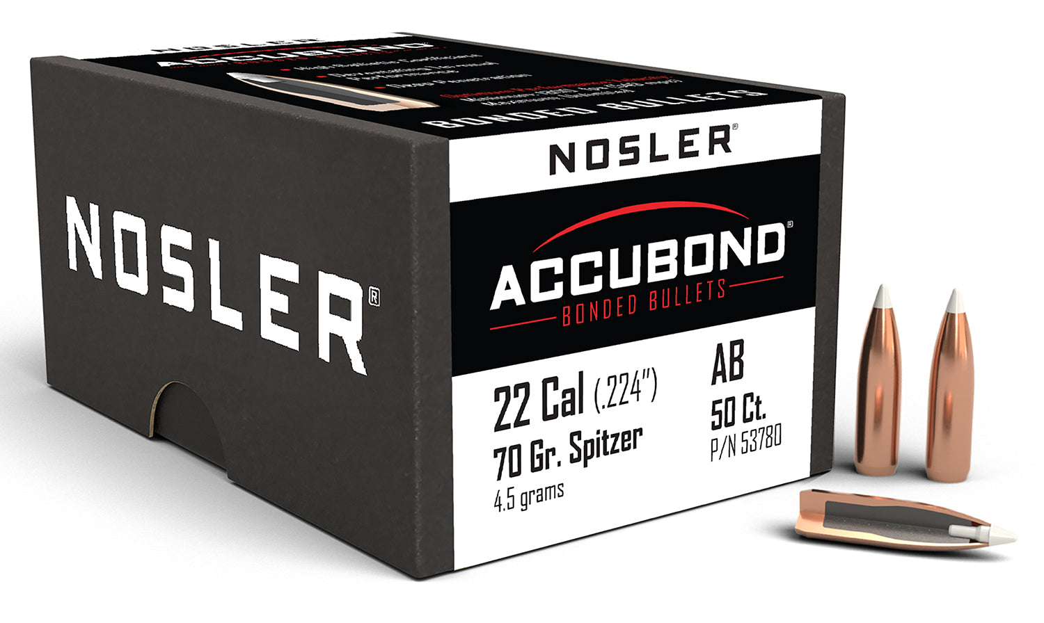 Nosler AccuBond .22 Cal 70gr Spitzer Pt Hunting Bullets 50-Count