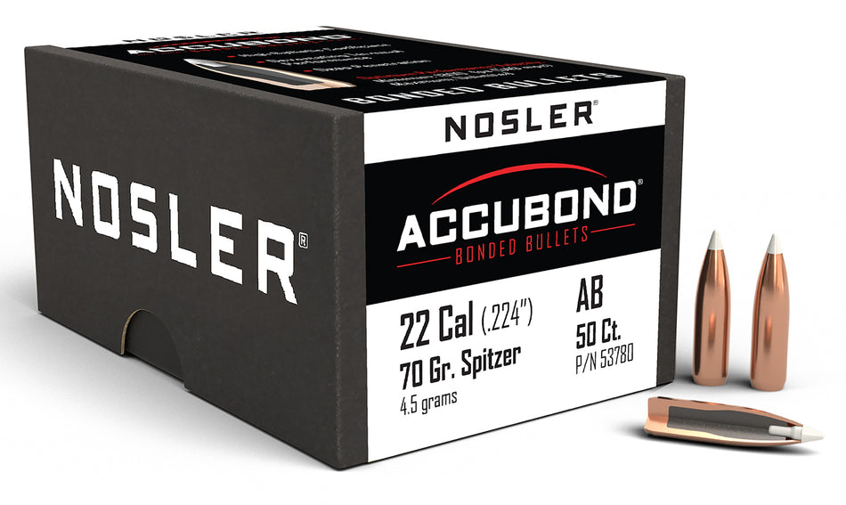 Nosler AccuBond .22 Cal 70gr Spitzer Pt Hunting Bullets 50-Count