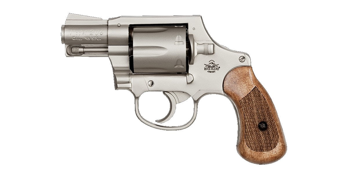 Rock Island 51289 M206 Small Frame 38 Special 6 Shot, 2" Matte Nickel Steel Barrel, Cylinder & Frame, Checkered Wood Grip, Transfer Bar Safety, Concealed Hammer