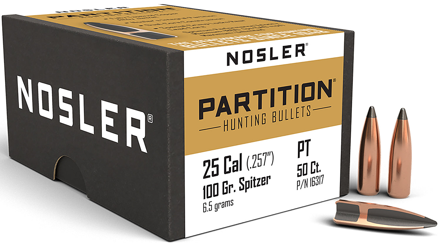 Nosler Partition 25 Caliber 100gr Spitzer Big Game Bullets 50-Count