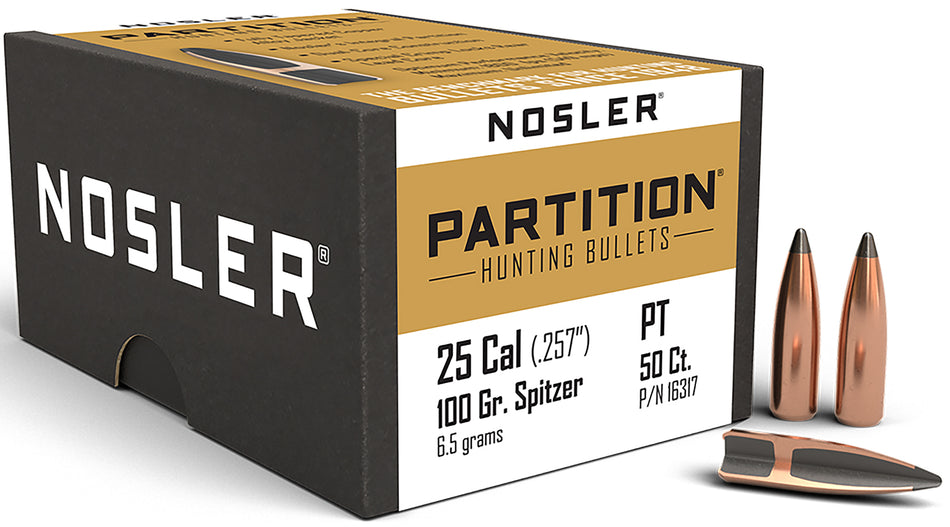 Nosler Partition 25 Caliber 100gr Spitzer Big Game Bullets 50-Count