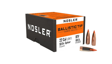 Nosler Ballistic Tip 22Cal 50 Grain Spitzer Point Varmint Bullets Box of 100