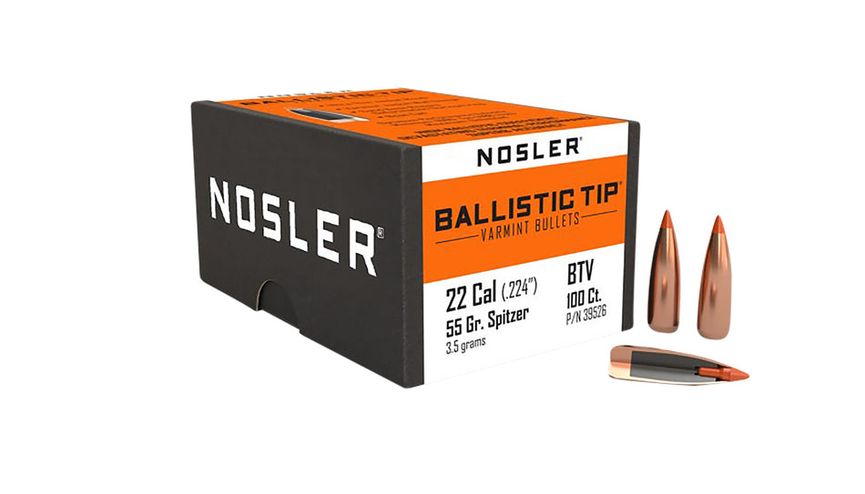 Nosler Ballistic Tip 22Cal 55 Grain Spitzer Point Varmint Bullets Box of 100