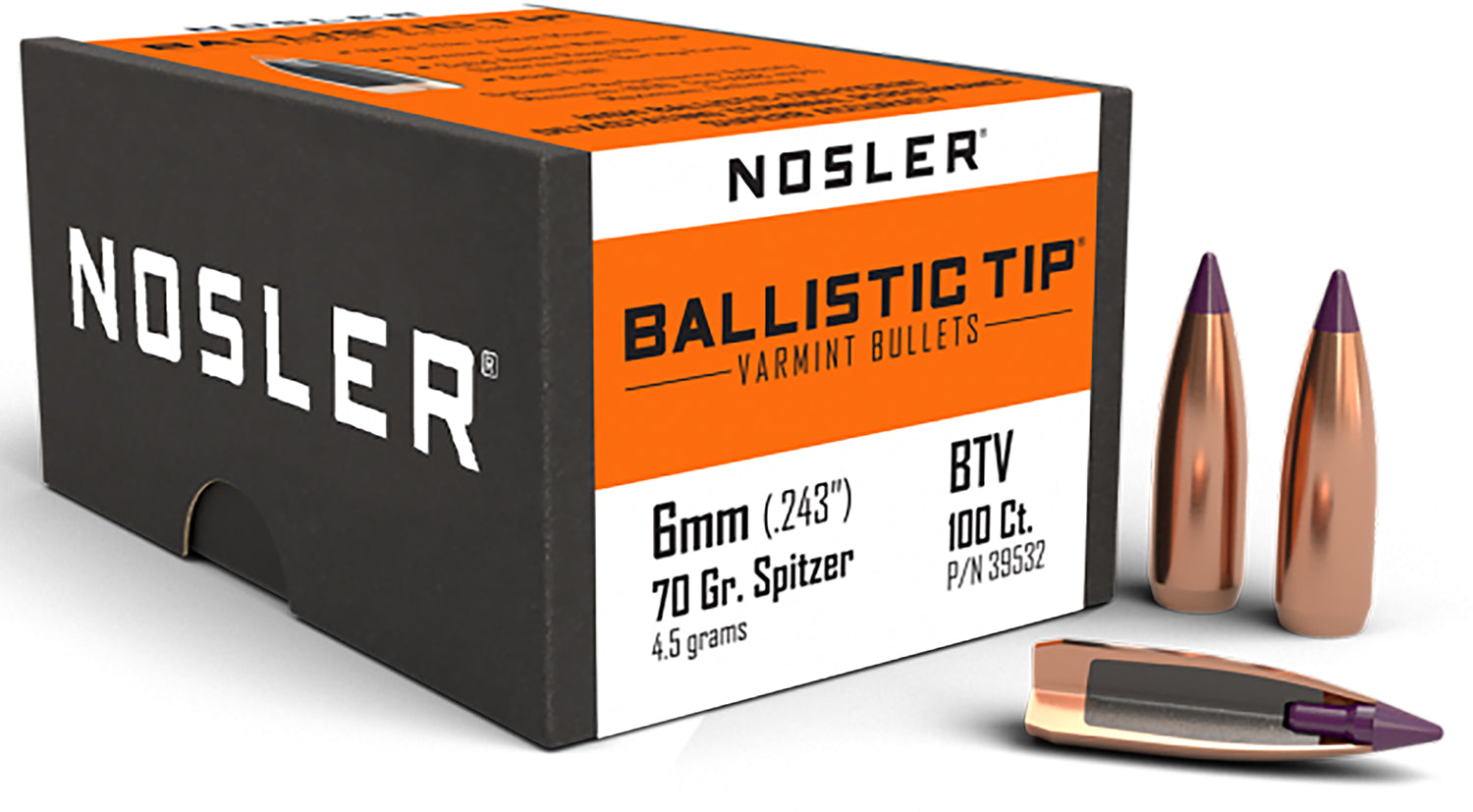 Nosler Ballistic Tip 6mm 70 Grain Spitzer Point Varmint Bullets Box of 100