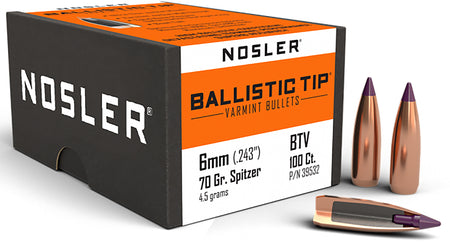 Nosler Ballistic Tip 6mm 70 Grain Spitzer Point Varmint Bullets Box of 100