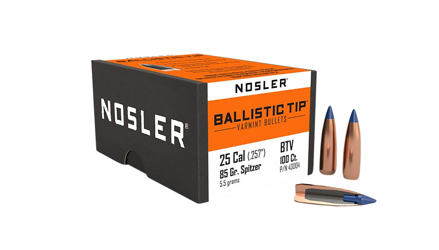 Nosler Ballistic Tip 25Cal 85 Grain Spitzer Point Varmint Bullets Box of 100