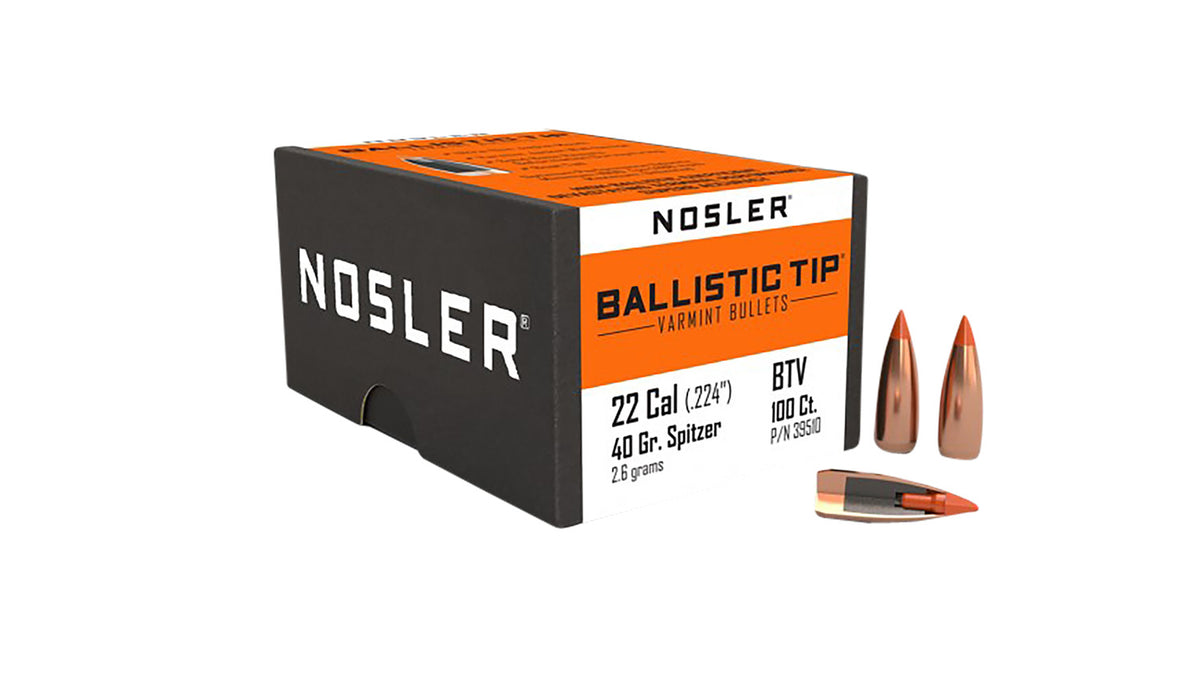 Nosler Ballistic Tip 22Cal 40 Grain Spitzer Point Varmint Bullets Box of 100