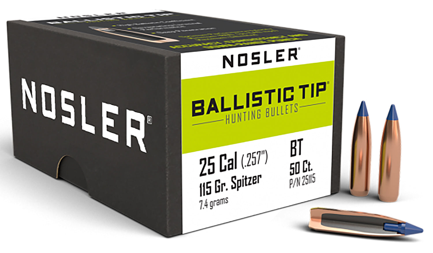 Nosler Ballistic Tip 25Cal 115 Grain Spitzer Point Hunting Bullets Box of 50