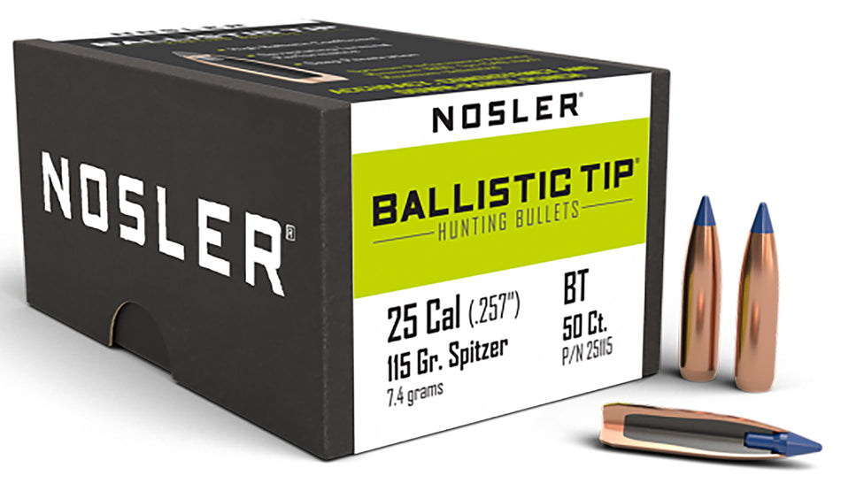 Nosler Ballistic Tip 25Cal 115 Grain Spitzer Point Hunting Bullets Box of 50