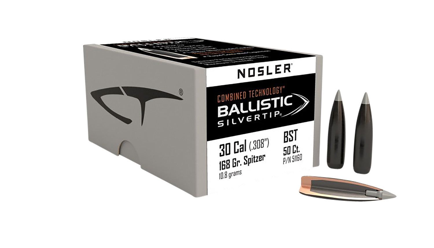 Nosler Ballistic Silvertip 30Cal 168 Grain Spitzer Point Hunting Bullets Box of 50