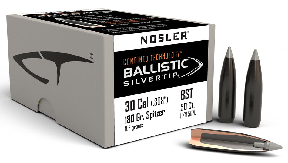 Nosler Ballistic Silvertip 30Cal 180 Grain Spitzer Point Hunting Bullets Box of 50