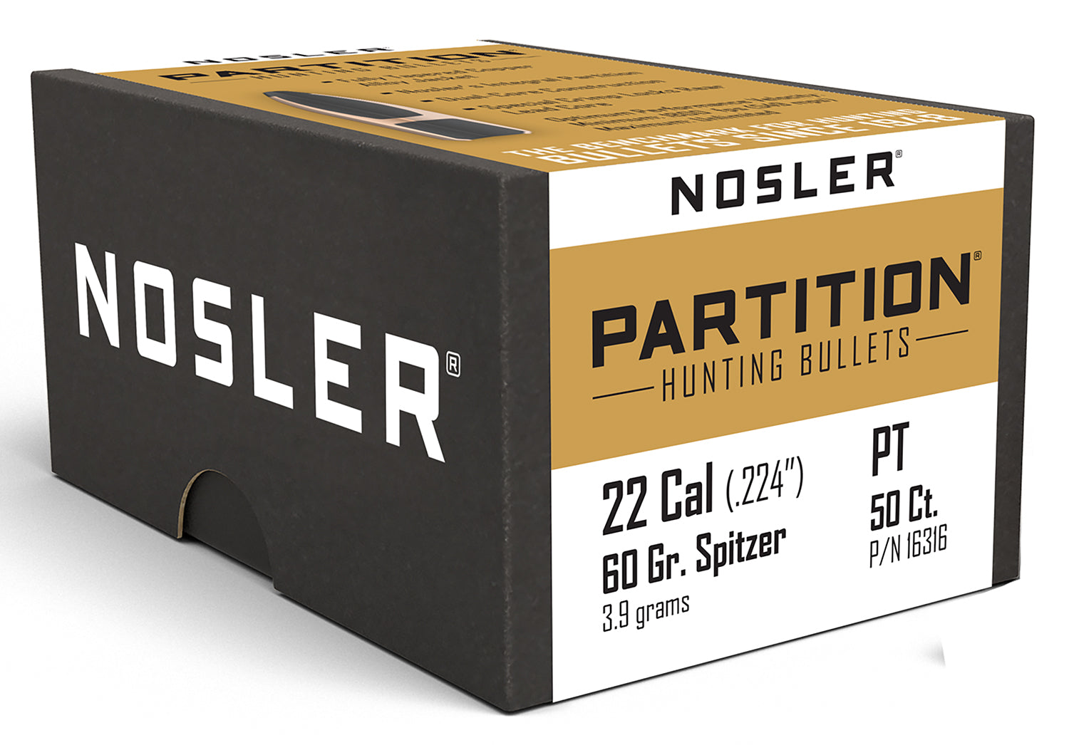 Nosler Partition 22Cal 60 Grain Spitzer Point Hunting Bullets Box of 50