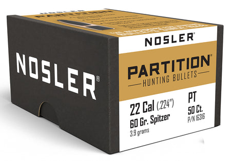 Nosler Partition 22Cal 60 Grain Spitzer Point Hunting Bullets Box of 50