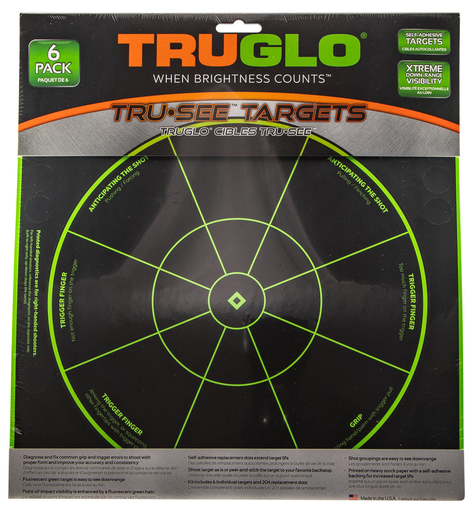 TruGlo Tru-See Handgun Diagnostic Self-Adhesive Heavy Paper Black/Green 12"x12" Bullseye 6 Pack (TG15A6)