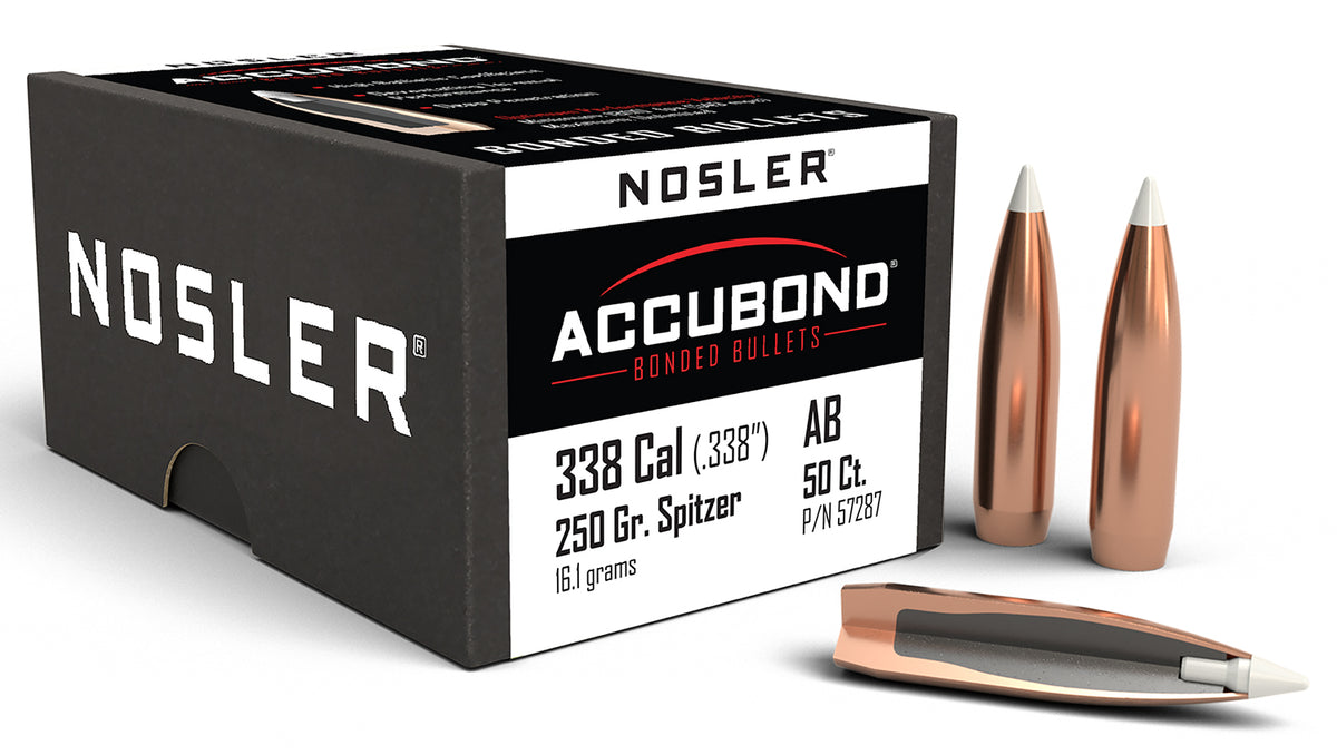 Nosler AccuBond 338Cal 250gr Bonded Spitzer Hunting Bullets 50/Box
