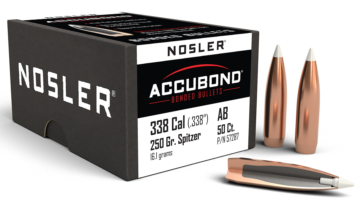 Nosler AccuBond 338Cal 250gr Bonded Spitzer Hunting Bullets 50/Box