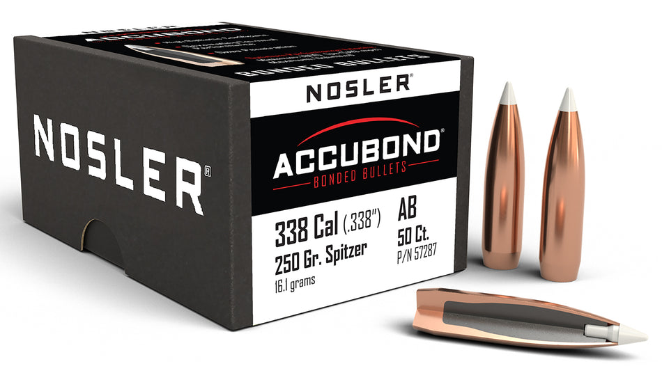 Nosler AccuBond 338Cal 250gr Bonded Spitzer Hunting Bullets 50/Box