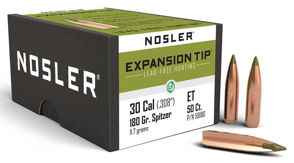 Nosler E-Tip 30Cal 180gr Lead Free Spitzer Point Hunting Bullets 50/Box
