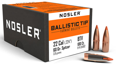Nosler Ballistic Tip Varmint 22Cal 60gr Polymer Tip Spitzer Bullets 100/Box