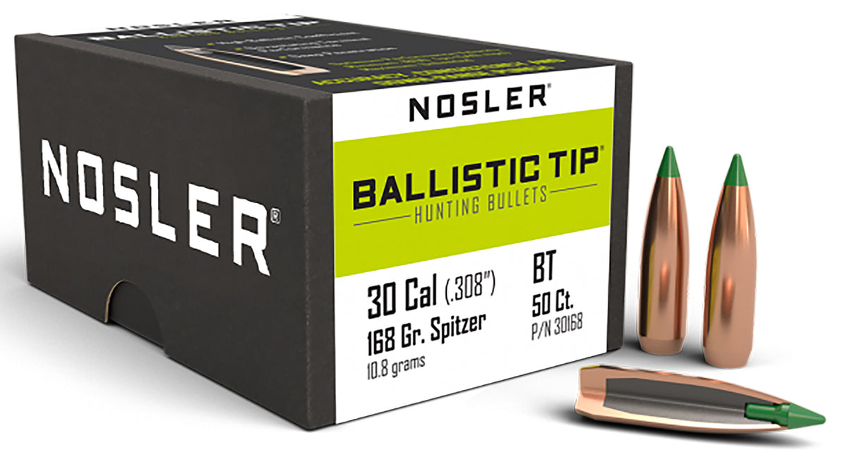 Nosler Ballistic Tip Hunting 30Cal 168gr Boat Tail Spitzer Bullets 50/Box