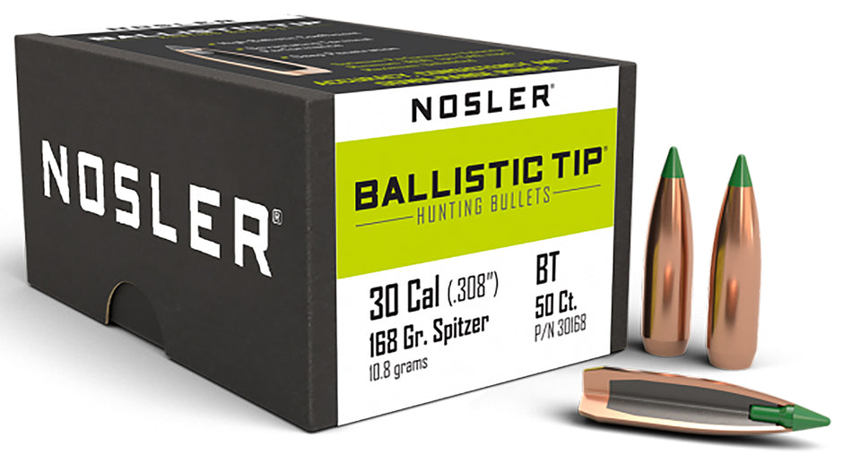 Nosler Ballistic Tip Hunting 30Cal 168gr Boat Tail Spitzer Bullets 50/Box