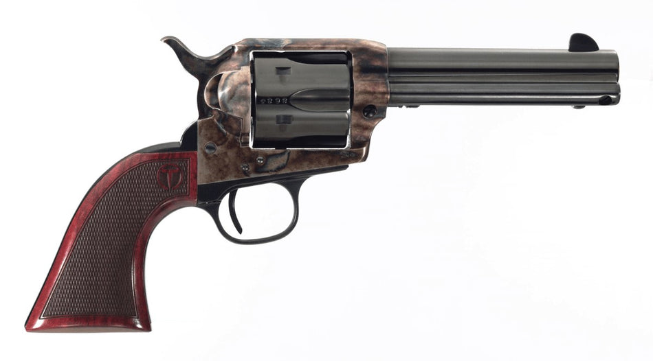 Taylors & Company 550180 Smoke Wagon 357 Mag Caliber with 4.75" Blued Finish Barrel, 6rd Capacity Blued Finish Cylinder, Color Case Hardened Finish Steel Frame & Checkered Walnut Grip