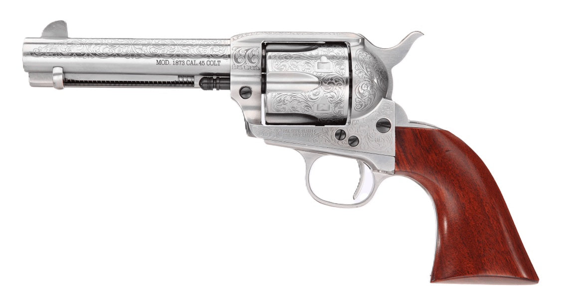 Taylors & Company 550926 1873 Cattleman 45 Colt (LC) Caliber with 4.75" Barrel, 6rd Capacity Cylinder, Overall White Floral Engraved Finish Steel & Walnut Grip
