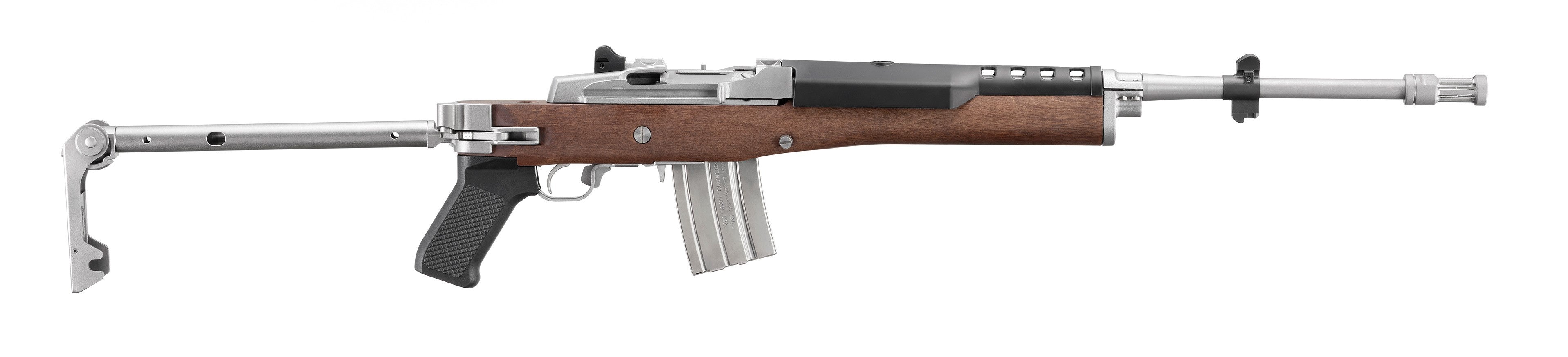 Ruger 5895 Mini-14 223 Rem/5.56 NATO 20+1 18.50" Matte Stainless Threaded Barrel, Matte Stainless Picatinny Rail Receiver, Walnut/Stainless Wood Side Folding Side Folding Stock, Black Polymer Grip