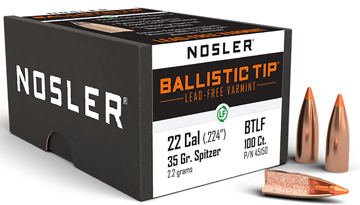 Nosler Ballistic Tip Lead-Free 22Cal 35gr Fragmenting Copper Core Bullets 100/Box