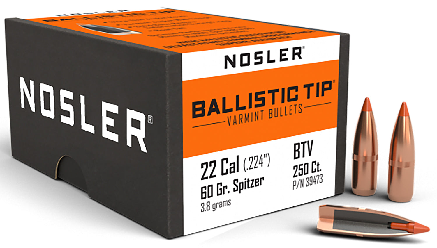 Nosler Ballistic Tip Varmint 22Cal 60gr Polymer Tip Boat Tail Bullets 250/Box