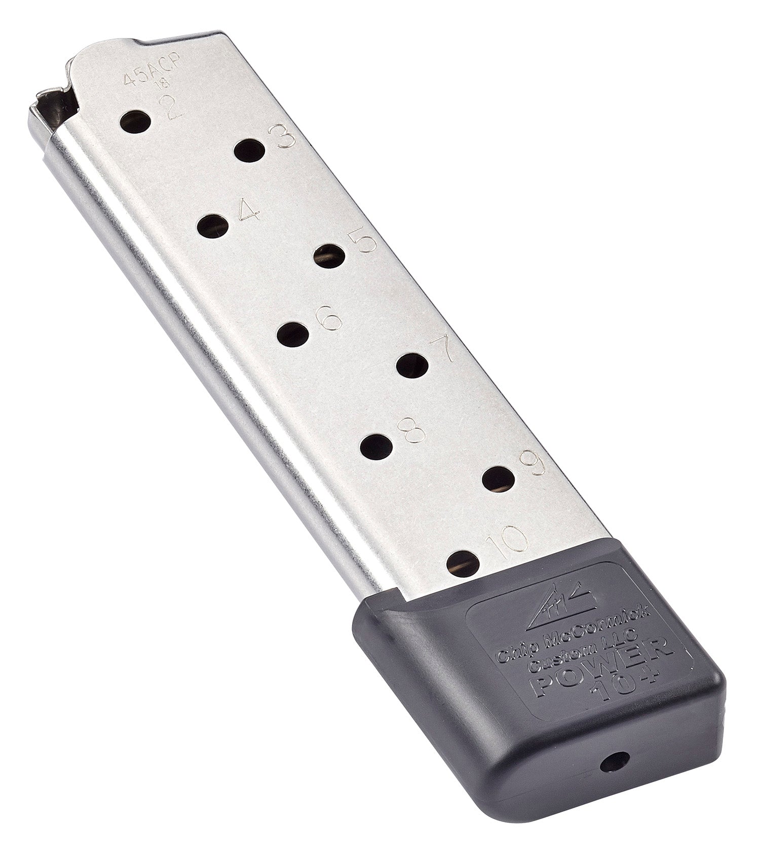 CMC Products 12150 Power Mag Plus 10rd .45 ACP 1911 Government Magazine, Stainless Steel with Black Base Pad