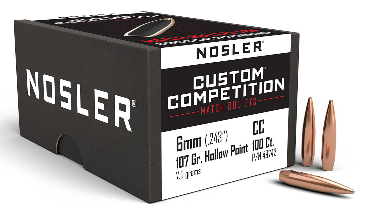 Nosler Custom Competition 6mm 107gr Match Grade Boat Tail Hollow Point Bullets 100/Box