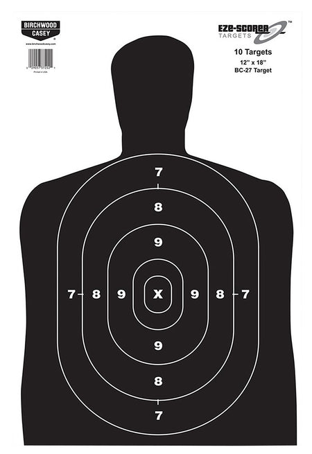 Birchwood Casey 37202 EZE-Scorer BC-27 Silhouette Paper Hanging Target 12"x18" Black/White 10 Pack