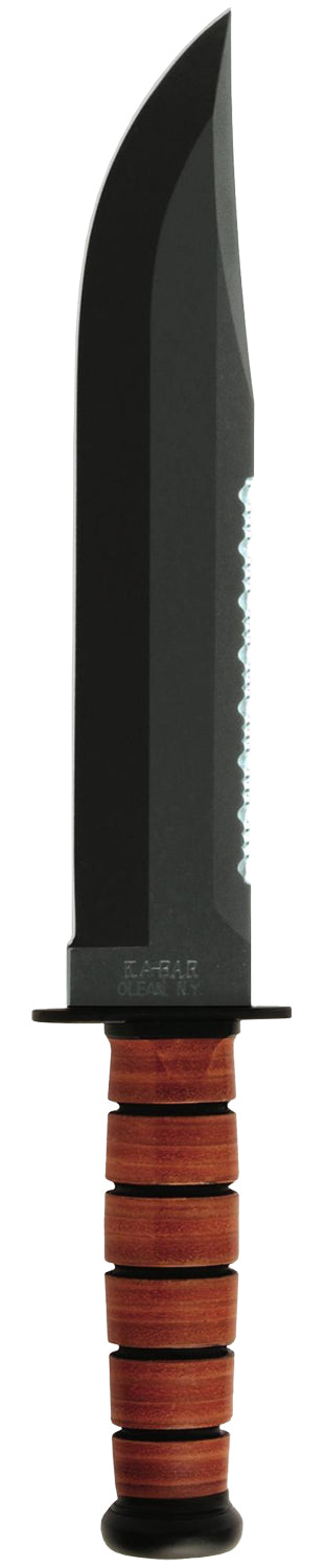 Ka-Bar 2217 Big Brother 9.38" Fixed Clip Point Part Serrated Black 1095 Cro-Van Blade Brown Leather Handle w/ Sheath