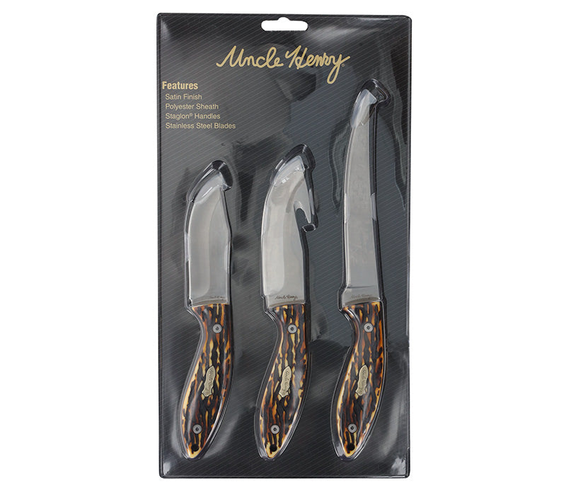 Uncle Henry 3-Piece Fixed Blade Knife Set Staglon Handle Fillet Guthook Drop Point